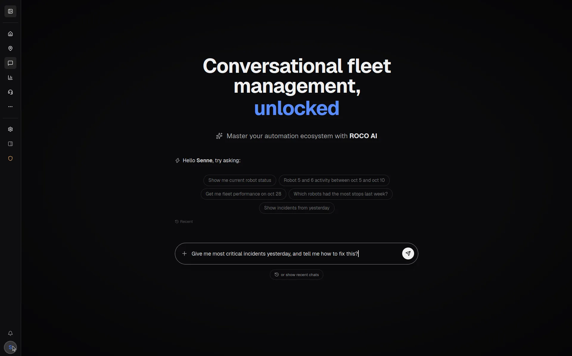 The Chat screen in ROCO, with a question being asked of the fleet